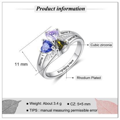 Personalized Heart Birthstone Ring with Engraving 3 Names and 3 Birthstones Ring Gifts For Her | Jessmade