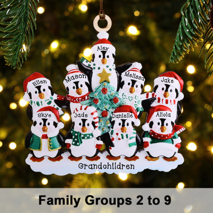 9 Names-Personalized Family Wooden Christmas Ornament-Custom 8 Names Hanging Ornament Gifts For Family-Winter Penguin Family