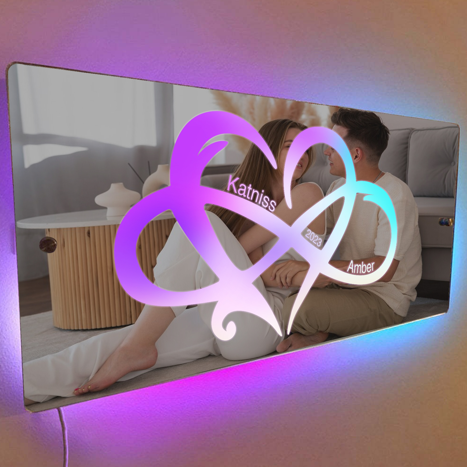Personalized 2 Names And 1 Text Couple Name Mirror Led Light Custom Luminous Mirror Hanging Decoration Bedroom Gift For Her