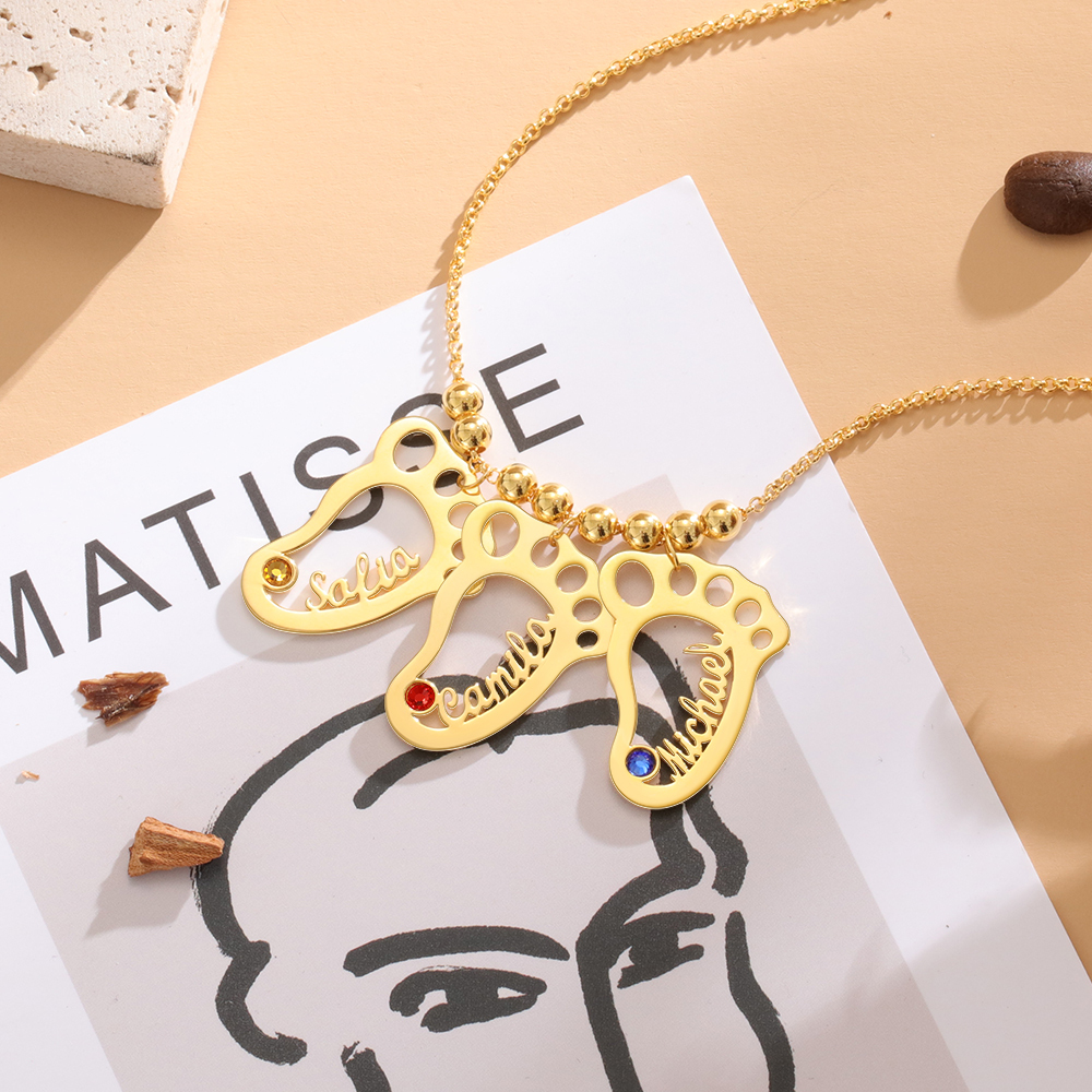 Personalized Baby Foot Engraved Names 3 Birthstones Necklace For Women Gift For Mother