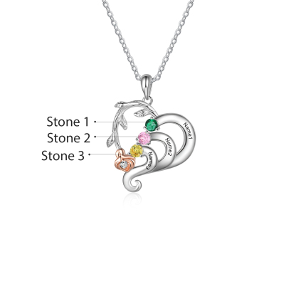 Personalized Rose Flower Heart Necklace With 3 Birthstones And Earring Custom Names Necklace For Her