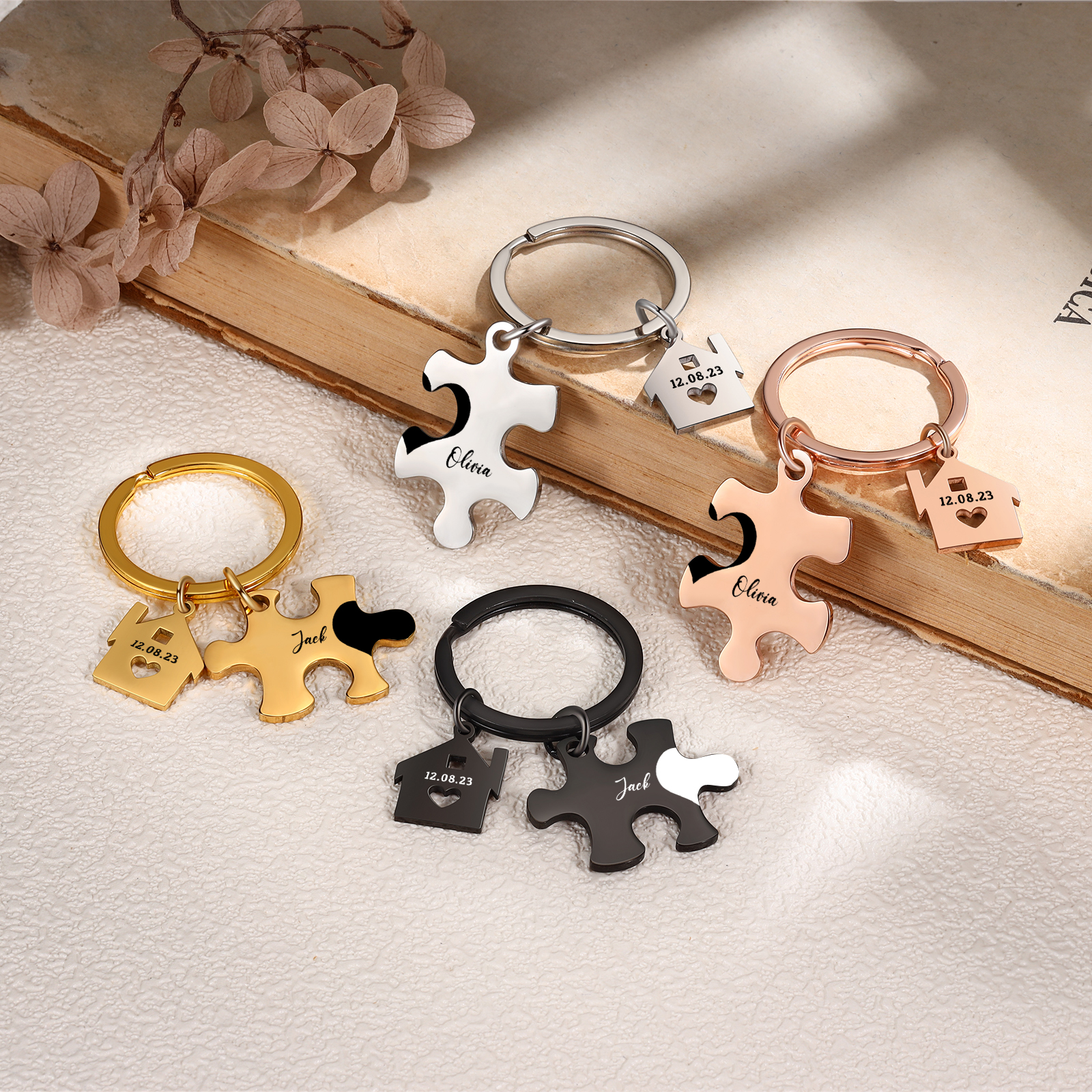 Personalized Name Puzzle Couple Keychain Engrave Date Matching Couple Gifts, Special Gift For Him/Her