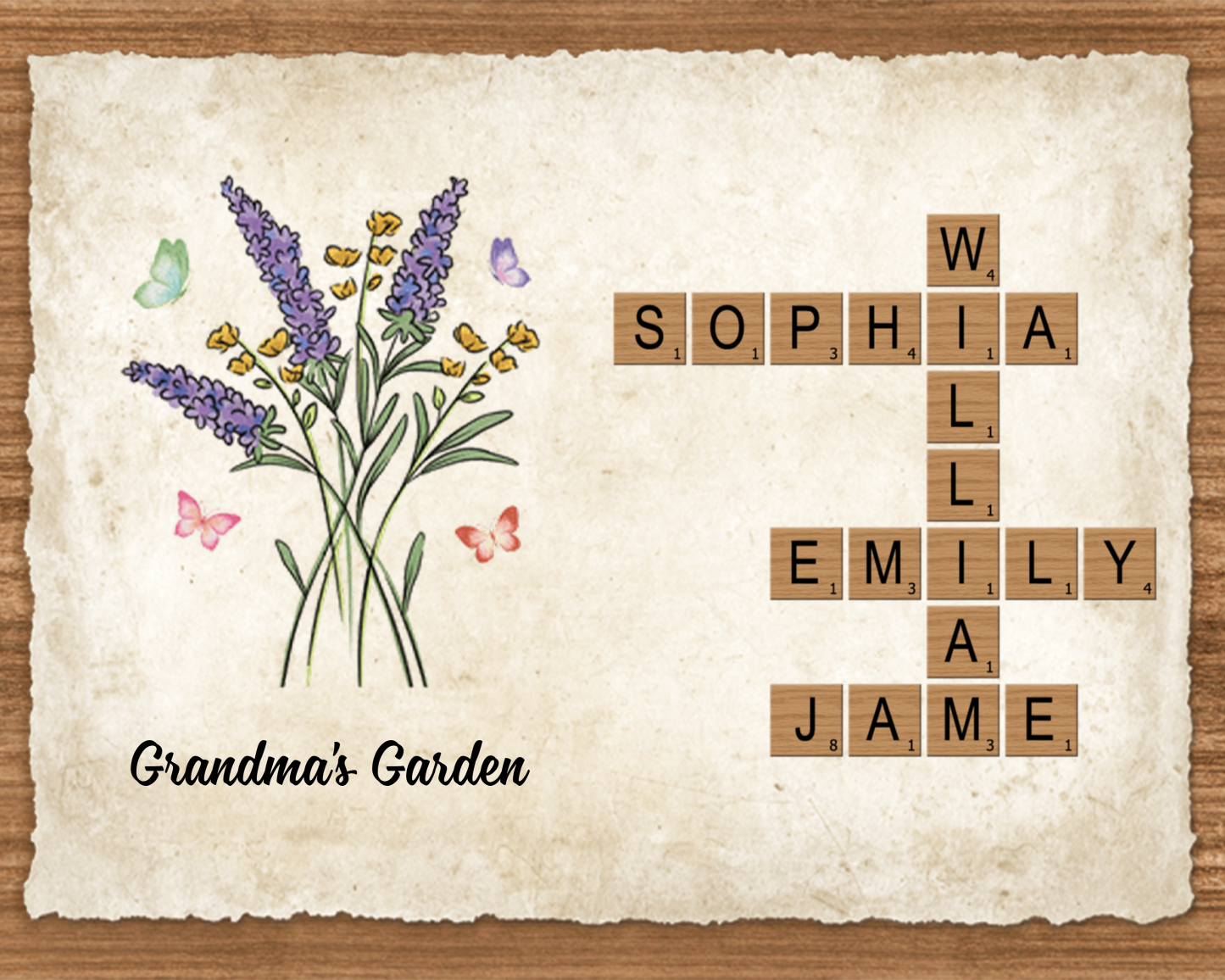 Personalized Wooden Scrabble Name Art – Birth Flowers – Grandma’s Garden Gift for Mother’s Day