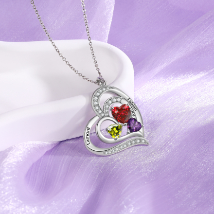 3 Names - Personalized Heart Necklace with Customized Names and Birthstone As Mother's Day Gift for Mom
