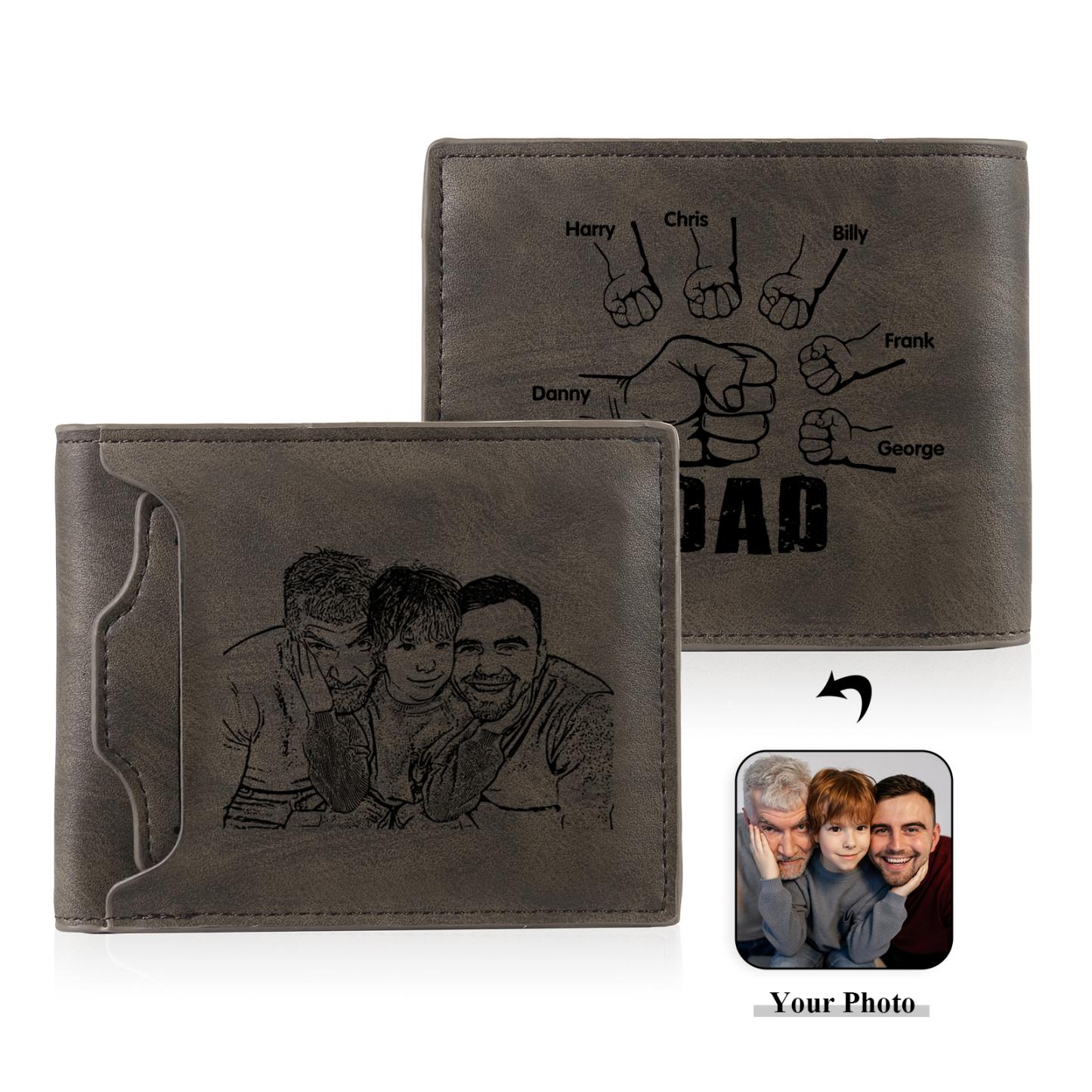 6 Names - Personalized Photo Custom Leather Men's Folding Wallet as a Father's Day Gift for Dad