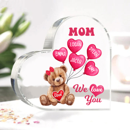 5 Names-Personalized Bear Acrylic Heart Keepsake Custom Text Acrylic Plaque Ornaments Gifts for Mom