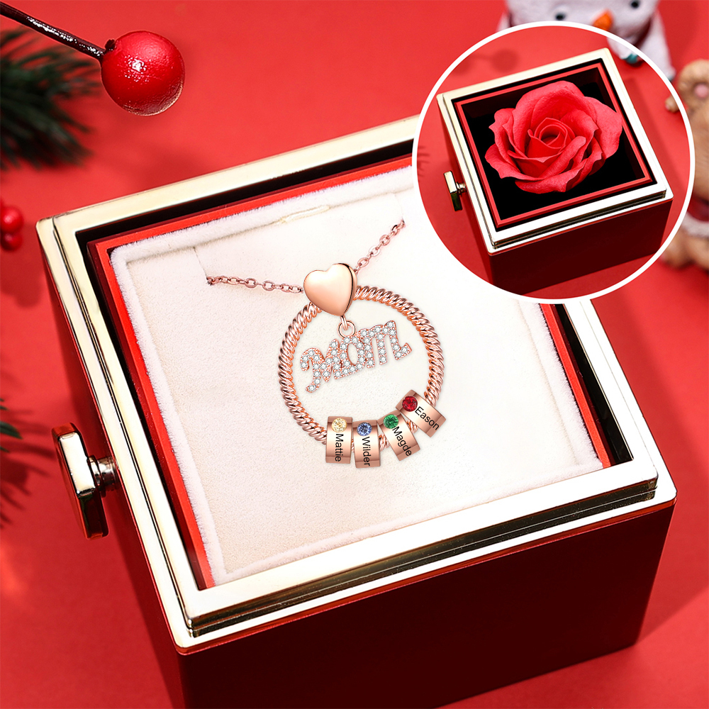 3 Names-Personalized Mom Necklace Set With  Premium Rotating Rose Flower Gift Box-Custom Necklace With 3 Birthstones Engraved Names Gift For Mother