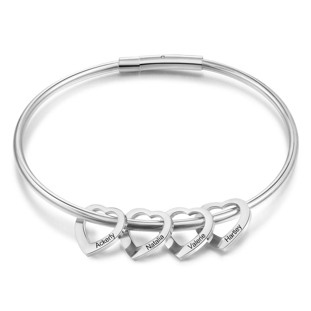 Custom Engraved 4 Names Heart Charms Prsonalised Bangle Bracelet for Women 