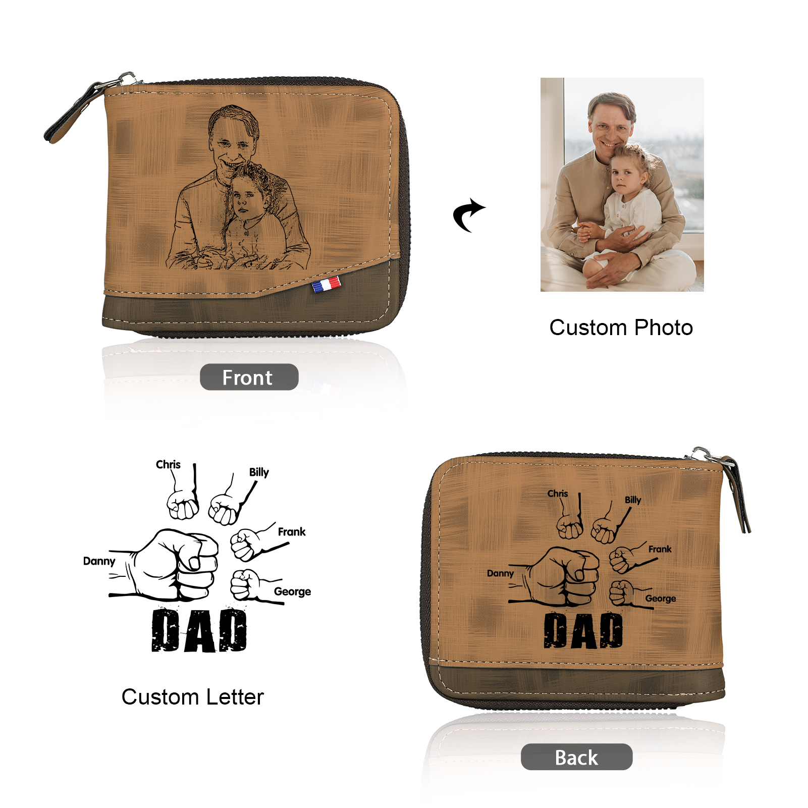 5 Names - Personalized Photo Custom Leather Men's Zipper Wallet as a Father's Day Gift for Dad