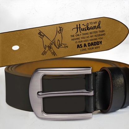 Personalized Leather Belt for Husband Dad Family Holding Hand with Engraved 3-8 Names