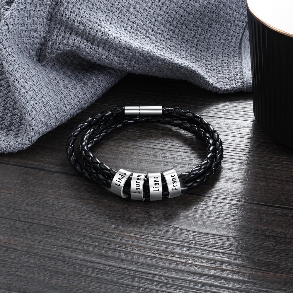 Mens Leather Braided Bracelet With 4 Custom Beads Engarved 4 Names Personalized Bracelet Black