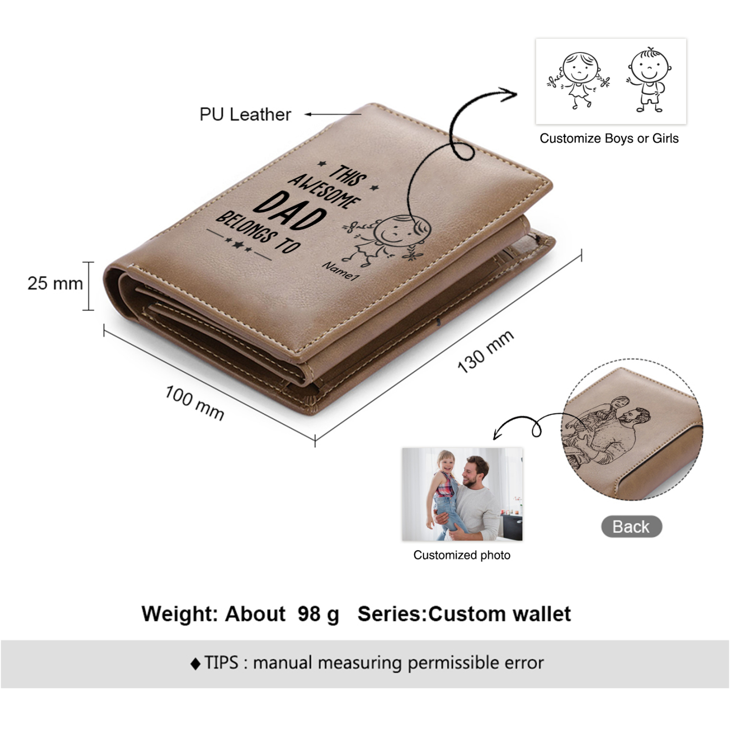 1 Name-Personalized Doll Customized Leather Men's Wallet Customized Name Folding Brown Wallet for Dad