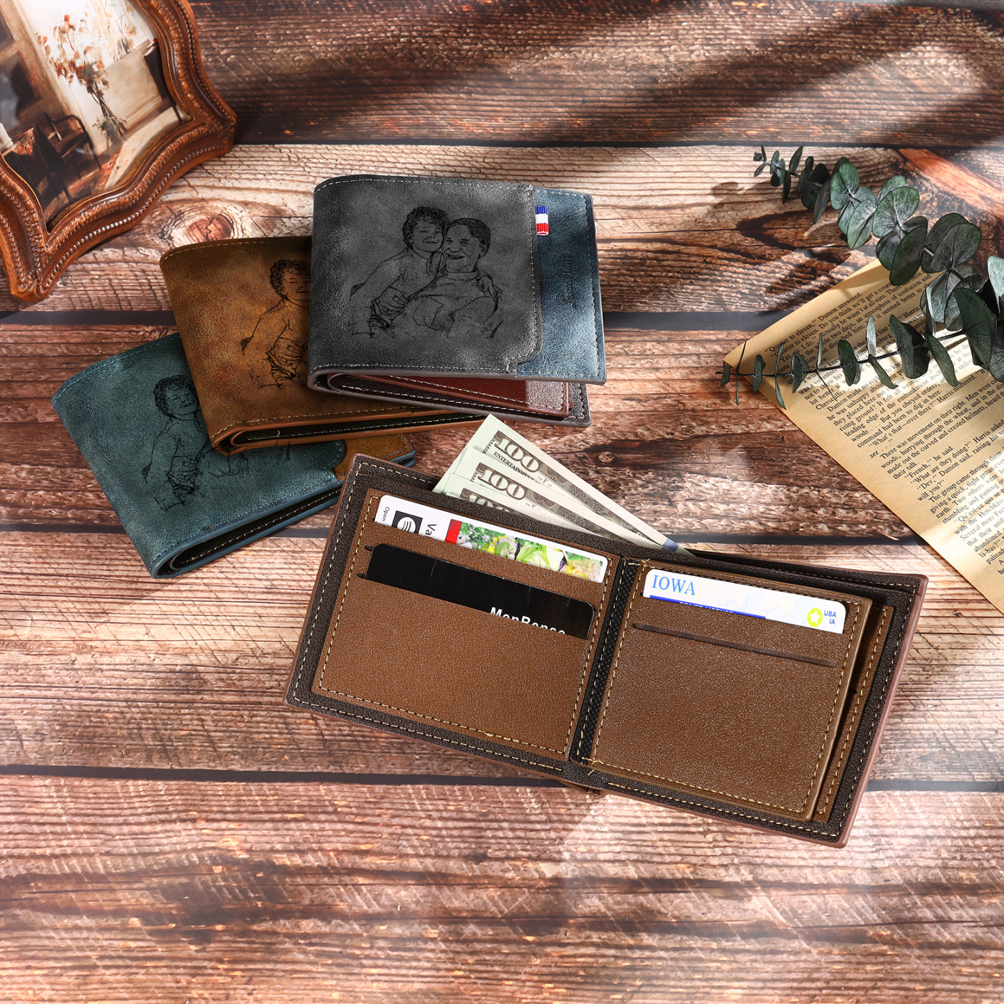 6 Names - Personalized Photo Custom Leather Men's Wallet as a Father's Day Gift for Dad