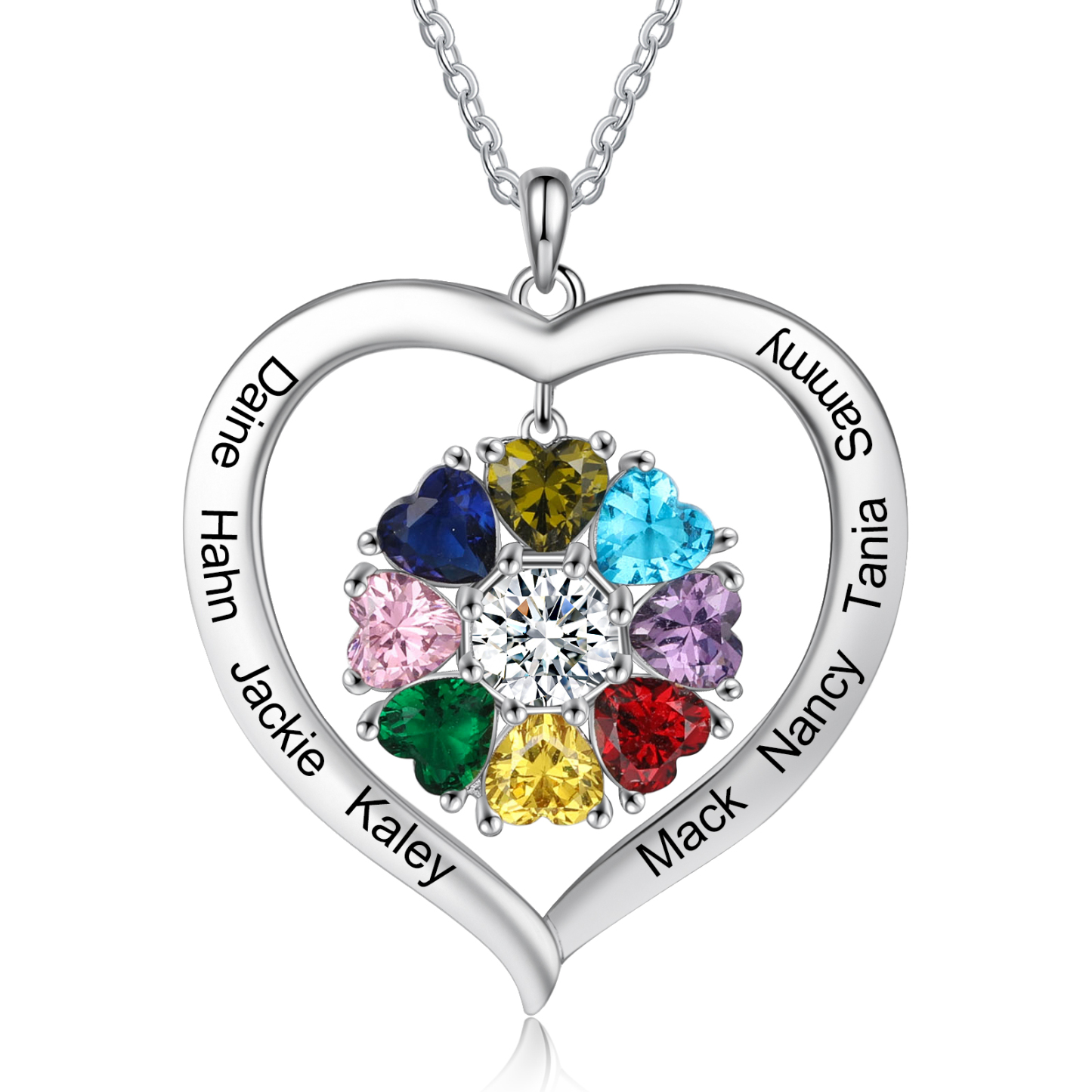 Personalized Heart Pendant Necklace with 8 Birthstones Engraved Names Family Necklace Gifts for Her