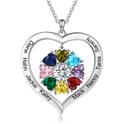 Personalized Heart Pendant Necklace with 8 Birthstones Engraved Names Family Necklace Gifts for Her