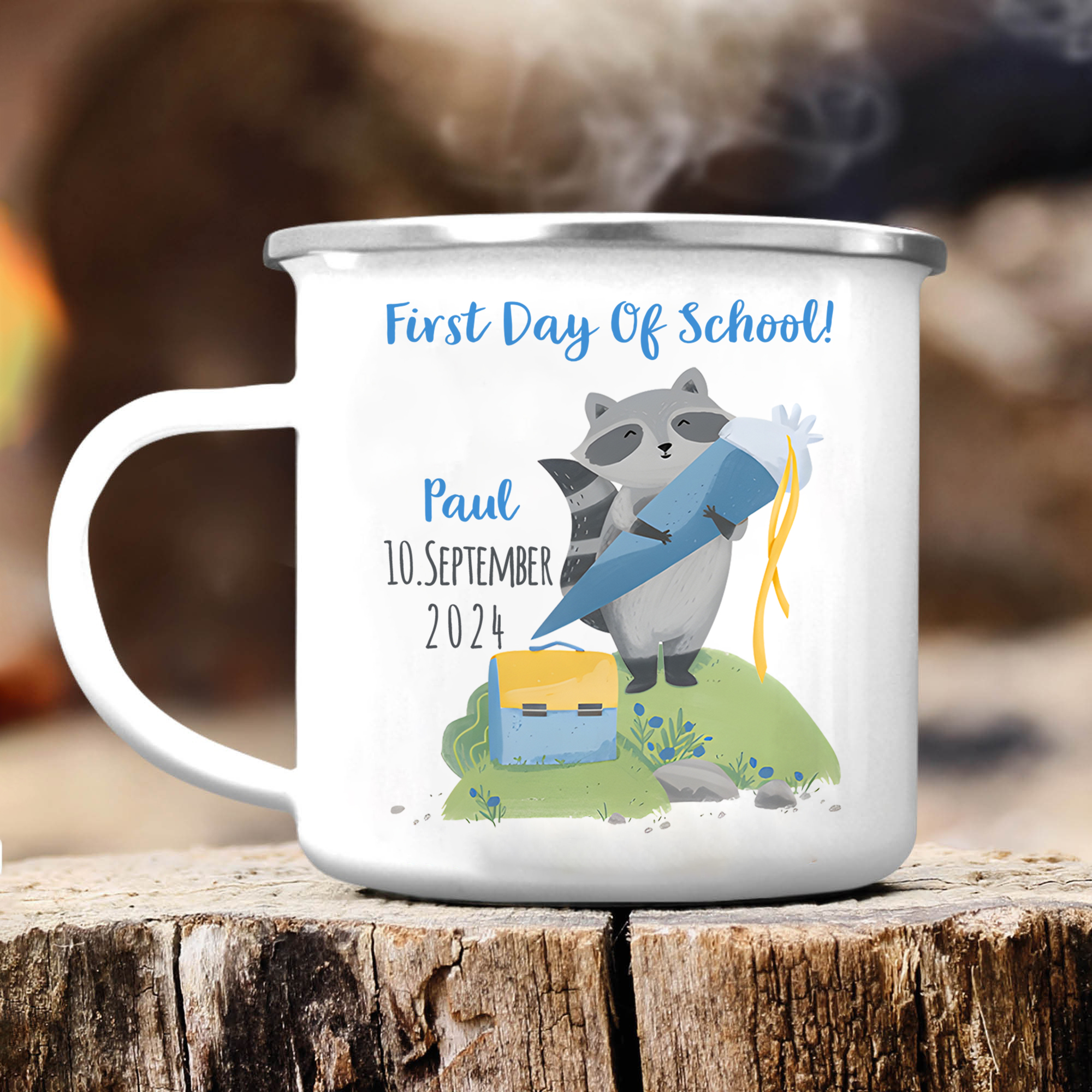 Personalized Name And Date Enamel Mug Children'S Raccoon Pattern Back To School Gift For Kid