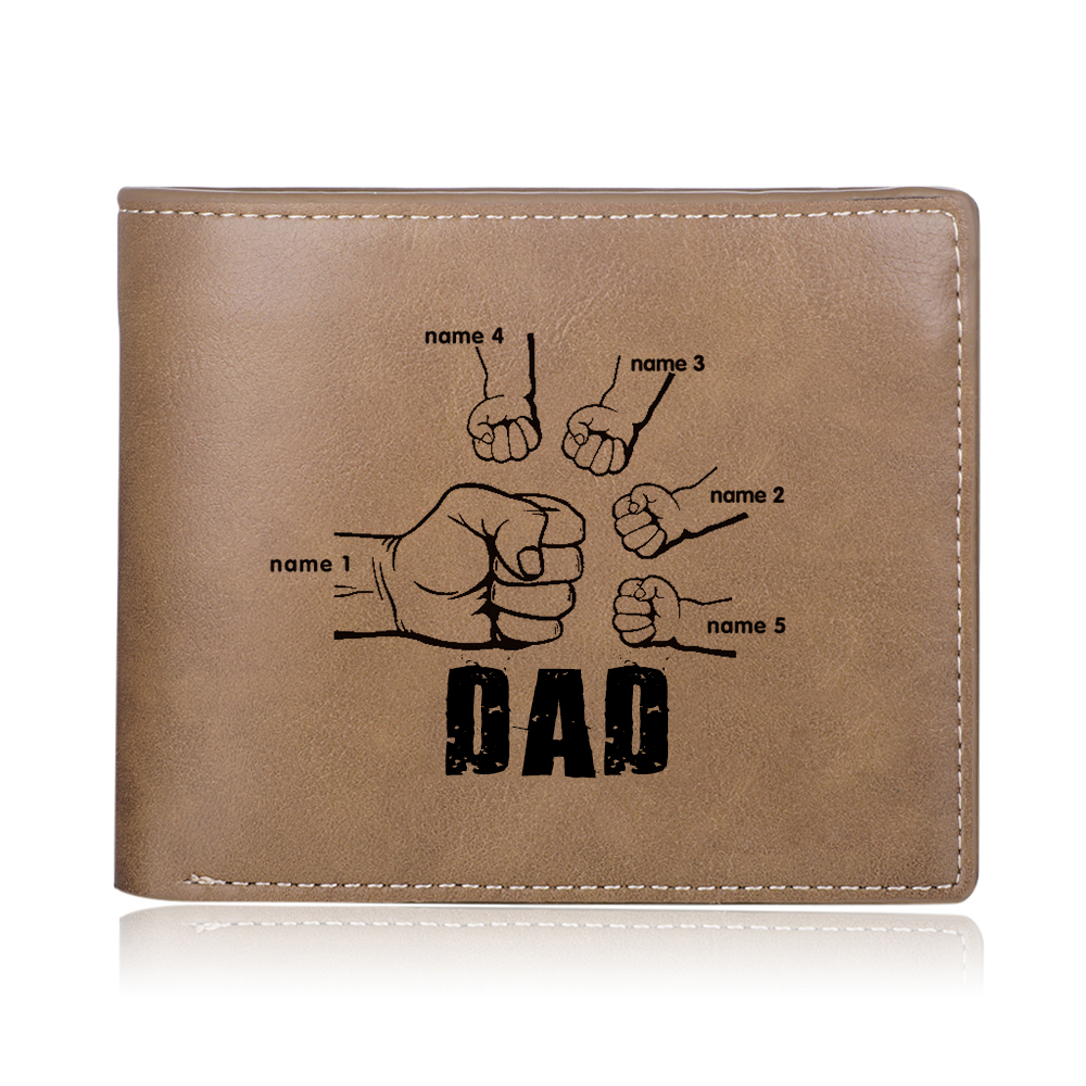 Personalized Leather Mens Wallet Engraved 5 Names Fist Bump Folding Wallet Father's Day Gifts