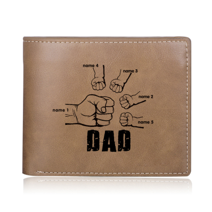 Personalized Leather Mens Wallet Engraved 5 Names Fist Bump Folding Wallet Father's Day Gifts