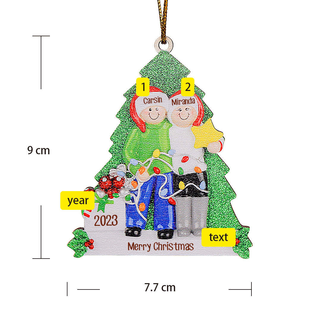 Personalized Couples Christmas Hanging Ornaments Custom 2 Names & Year & Text Wooden Xmas Ornament Gifts for Couples