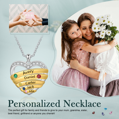 5 Names - Personalized Beautiful Heart Necklace with Custom Name and Birthstone, As a Mother's Day Gift for Mom