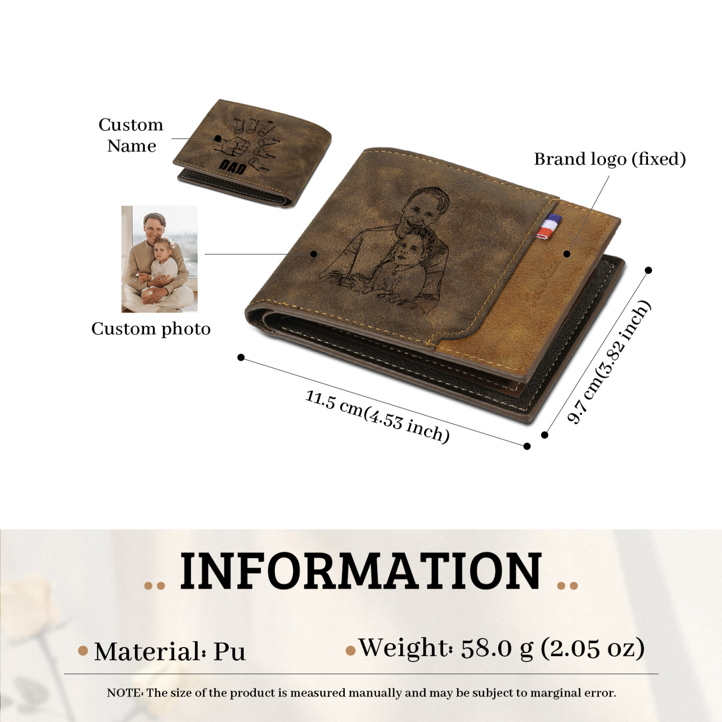 7 Names - Personalized Photo Custom Leather Men's Folding Wallet as a Father's Day Gift for Dad