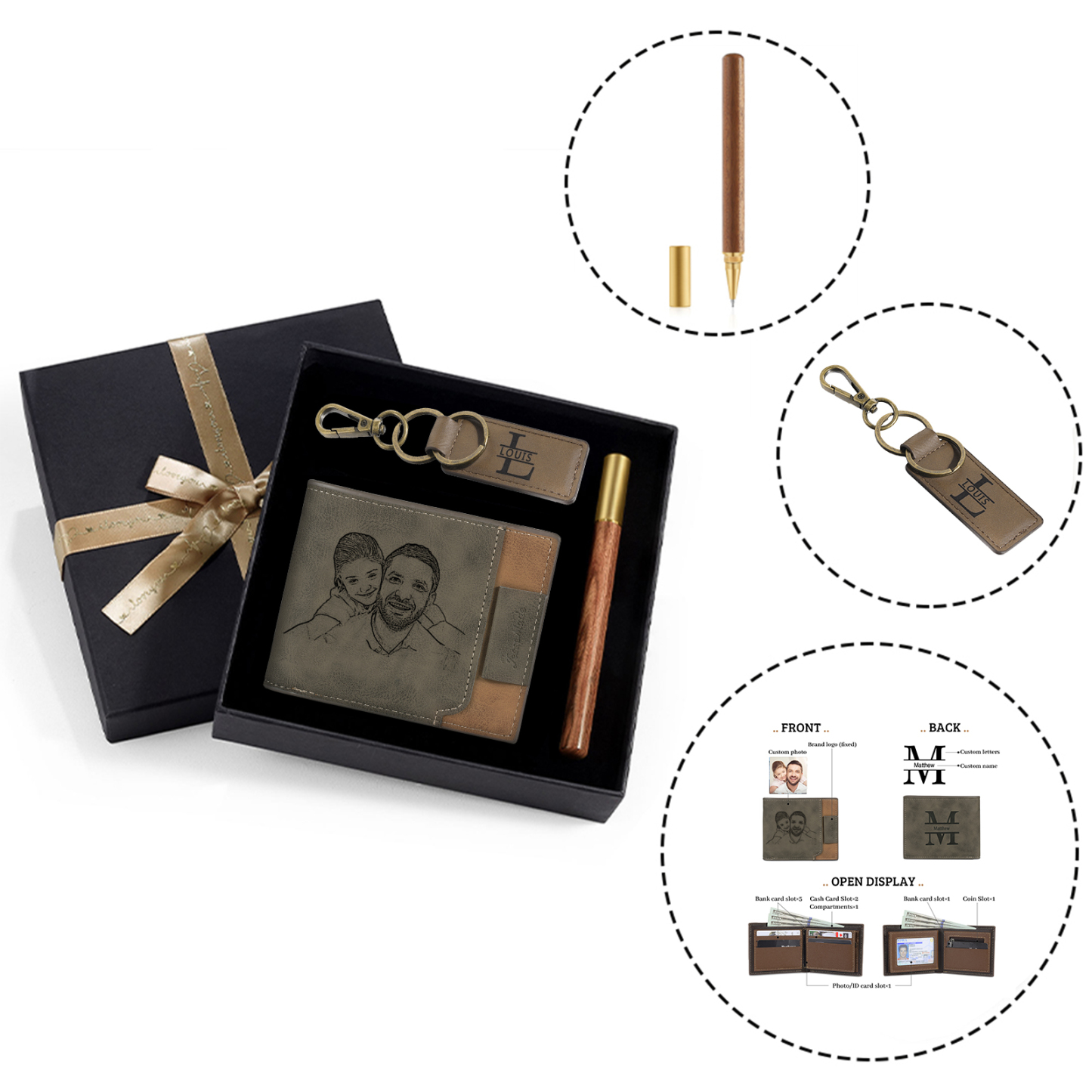 Photo Personalized Leather Wallet Gift Box Set with Keychain Customizable 2 Letter 2 Name Wallet Gift for Him