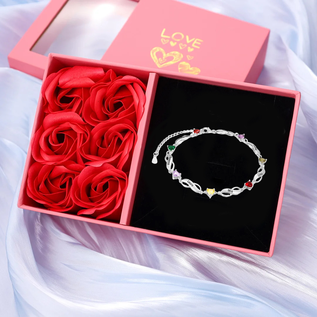 Personalized Infinity Bracelet With 1 Birthstone Engraved Names Bracelet Gift For Women