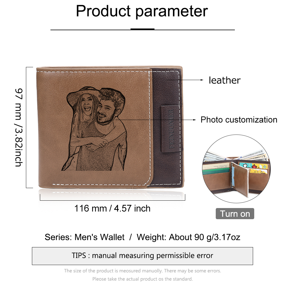 Brown Personalized Leather Wallet Engraved Photo Short Purse Folding Wallet Gifts For Men