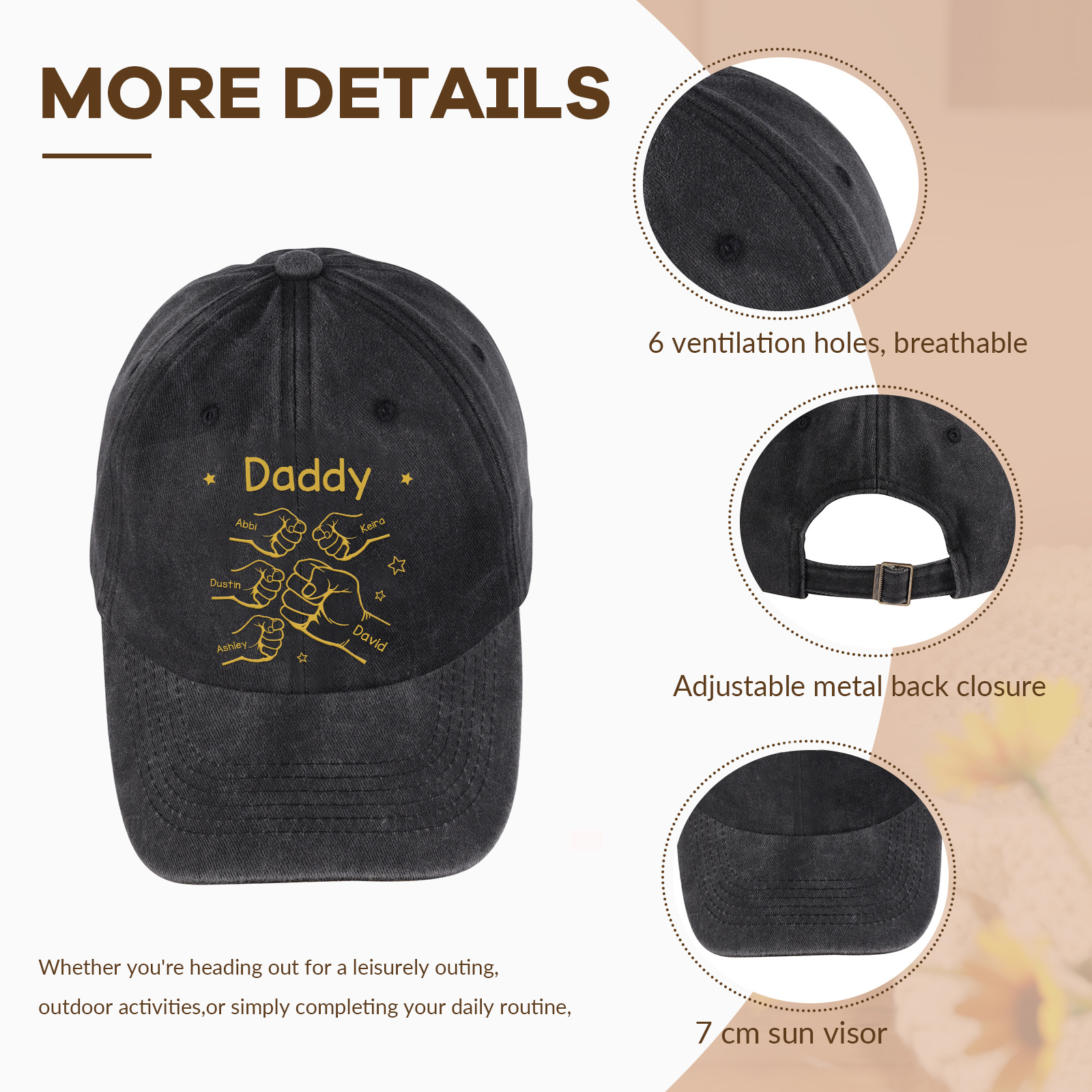 Personalized Washed Denim Baseball Cap Customized with 1-10 Names and Fist Bumps