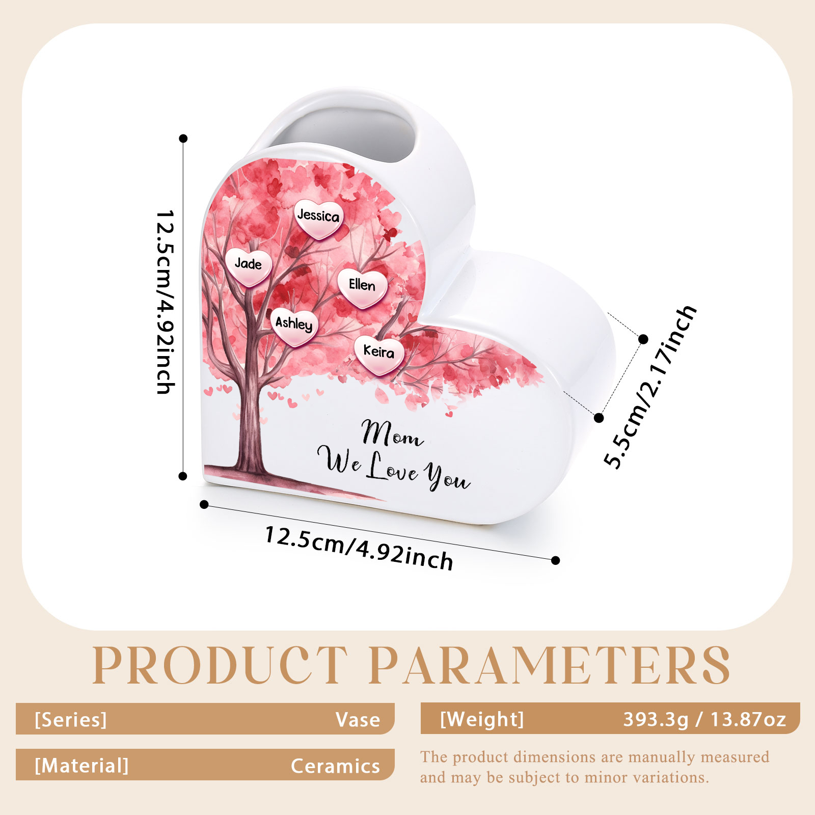Personalized Heart Shaped Ceramic Vase With Pink Family Tree Customized With 1–12 Names