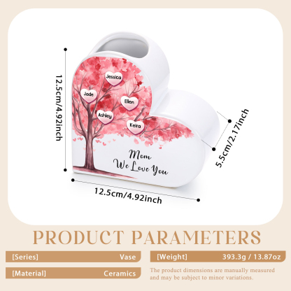 Personalized Heart Shaped Ceramic Vase With Pink Family Tree Customized With 1–12 Names