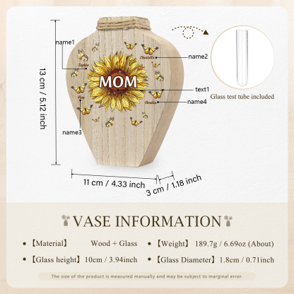 4 Names - Personalized Custom Text and Name Butterfly Style Wooden Decorative Vase as a Gift for Mom