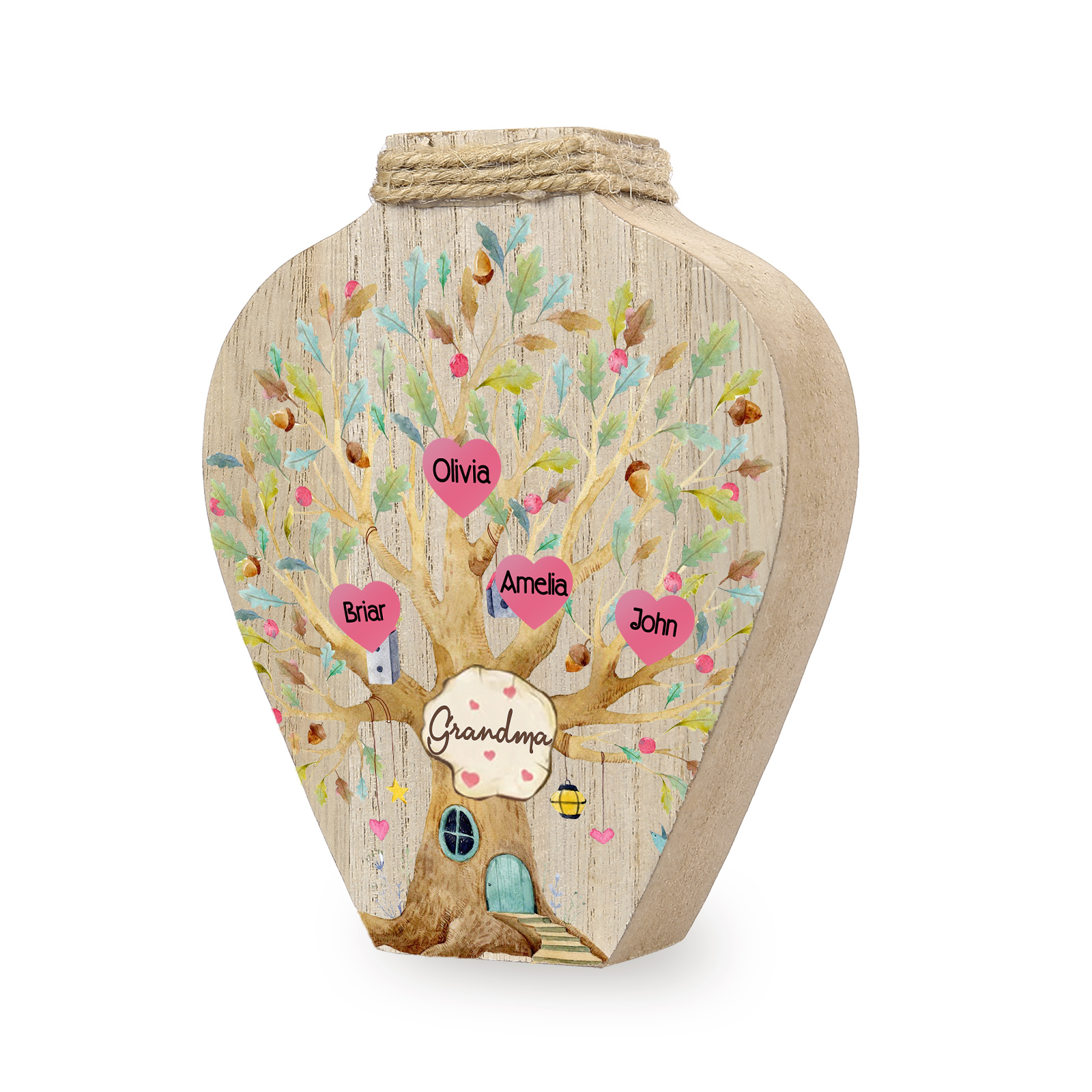 4 Names - Personalized Custom Text and Name Wooden Ornament Vase for Family