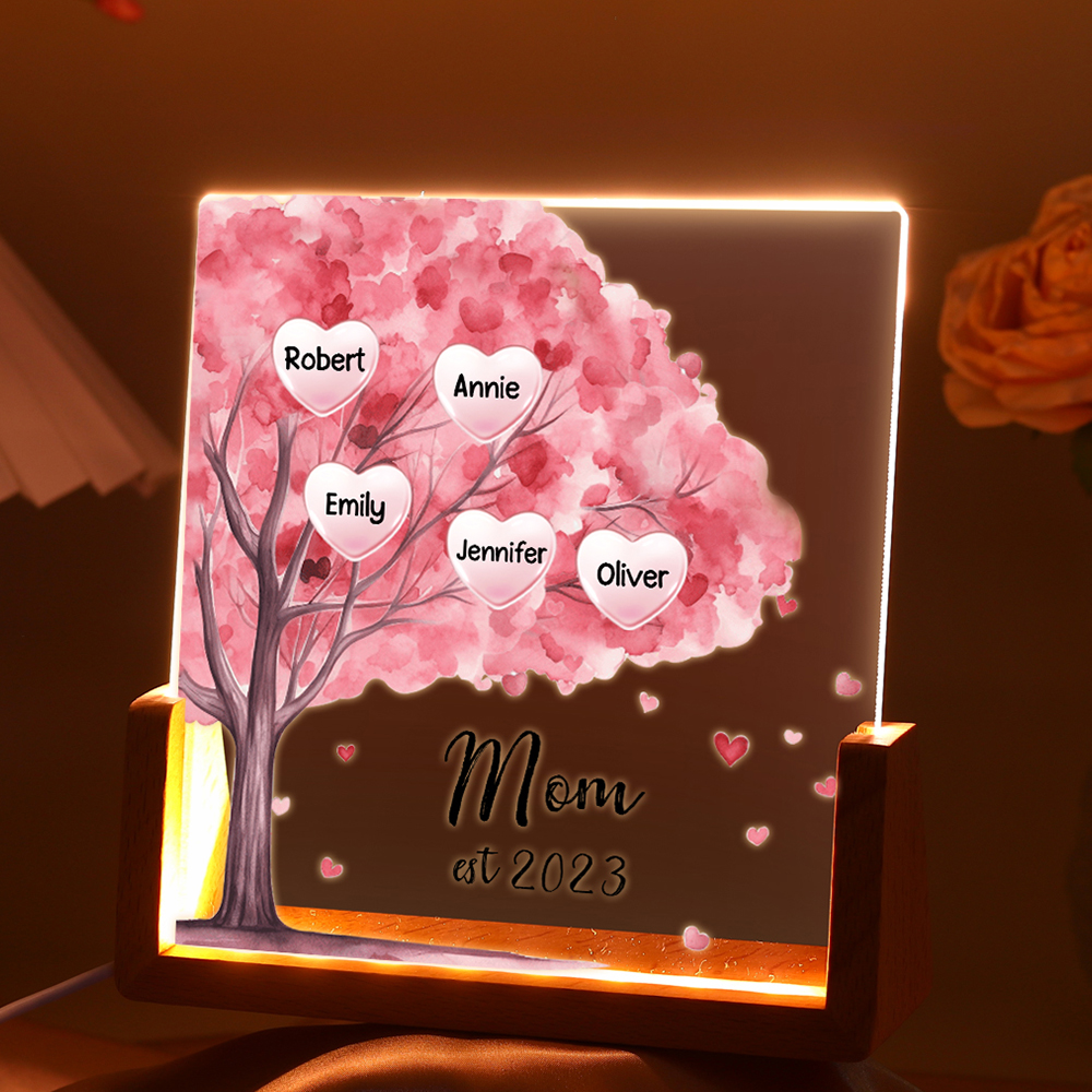 5 Names - Personalized Sakura Tree Night Light with Custom Text And Date LED Light, Gift for Mom