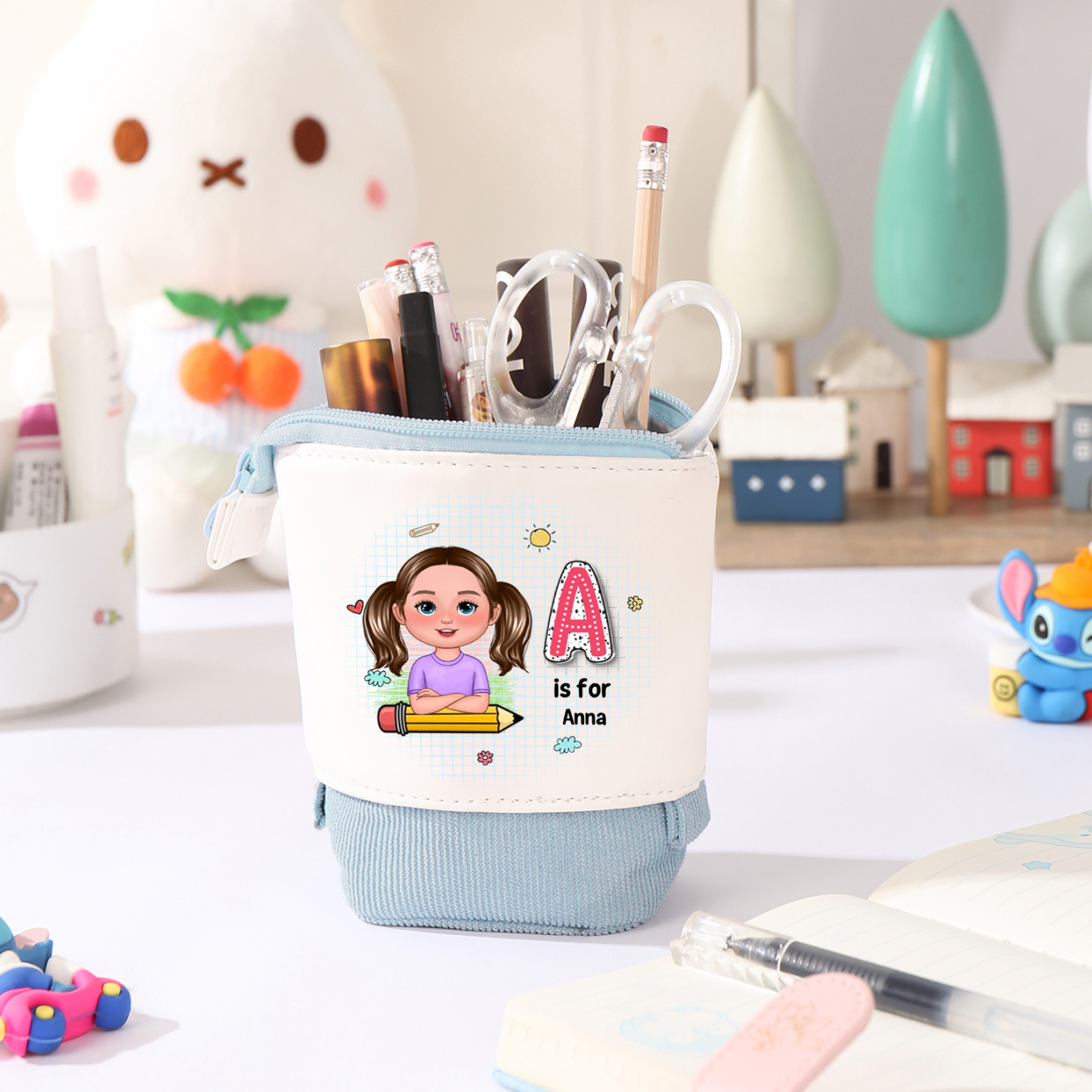 Personalized Cartoon Character & Initial Name Pencil Case - Back To Sc