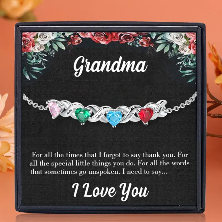 Personalized Bracelet With 4 Heart Birthstones Engraved Names Bracelet Gift For Women