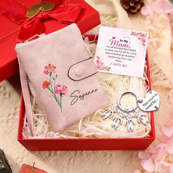 Personalized Women Wallet Gift Set Custom 1 Name & Birthflower Wallet 4 Dolls Keychain Gift Box Set Gifts for Mom | Jessemade