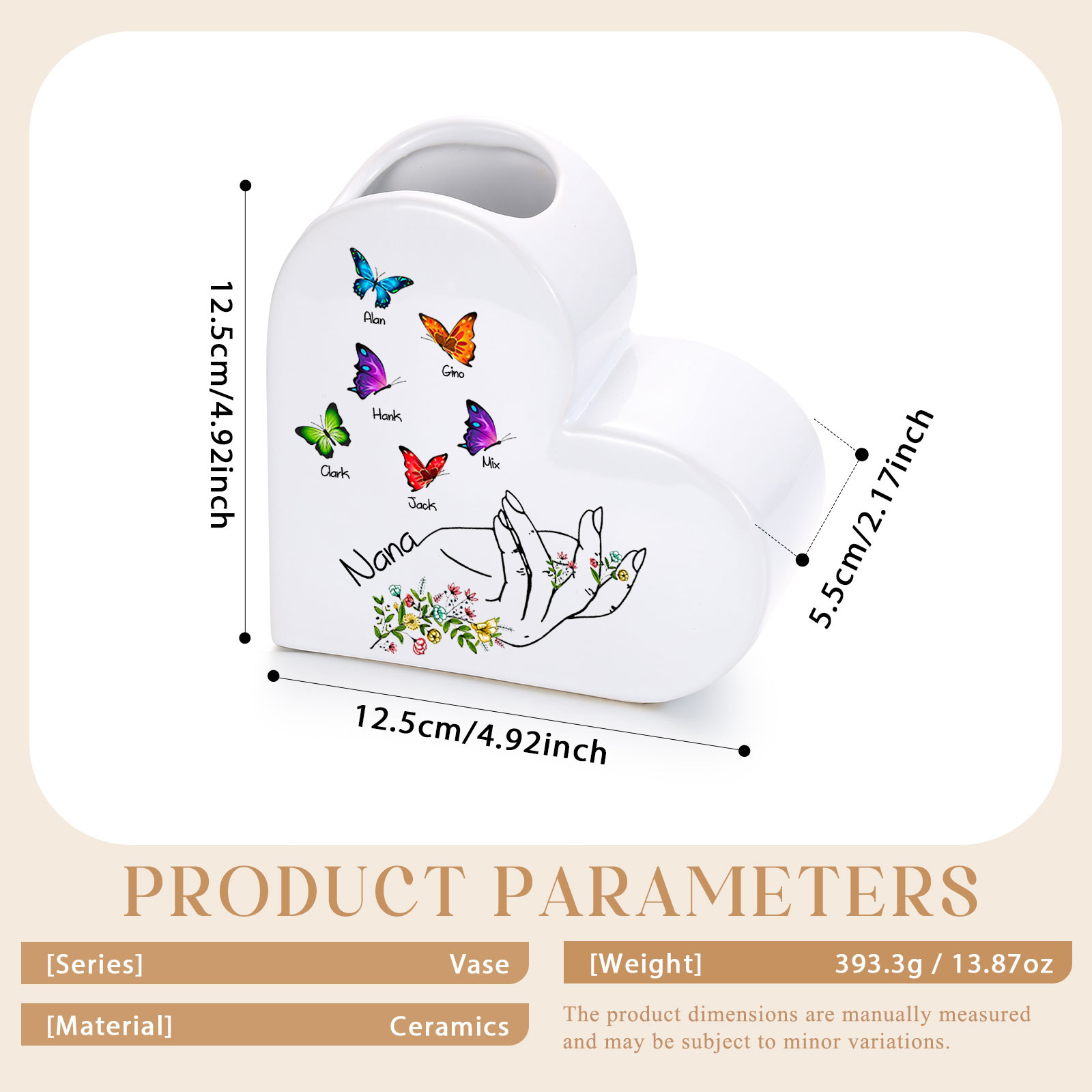 Personalized Ceramic Heart Vase Custom with 2–8 Names and Butterfly