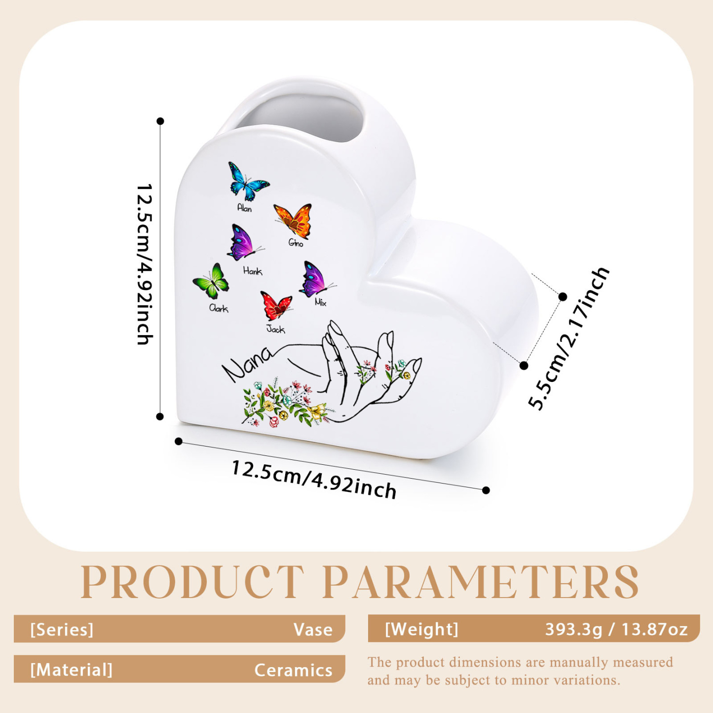 Personalized Ceramic Heart Vase Custom with 2–8 Names and Butterfly