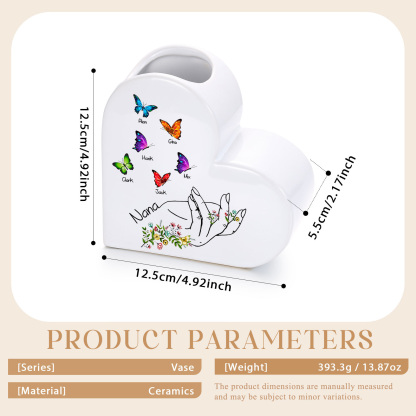 Personalized Ceramic Heart Vase Custom with 2–8 Names and Butterfly