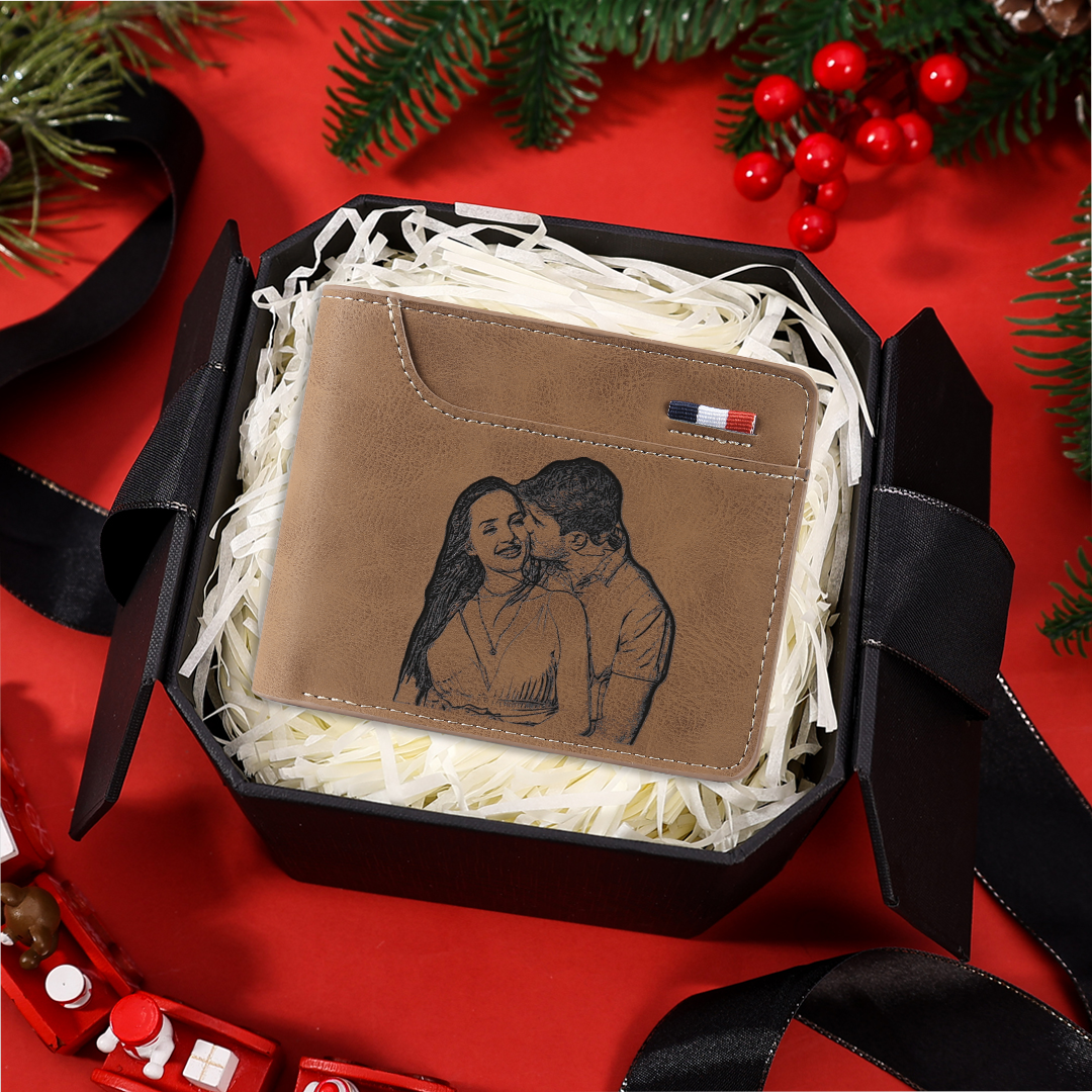 Personalized Name Leather Men's Wallet With Card Slot Engraved Letter And Photo with Gift Box Christmas Gift For Him | Jessemade