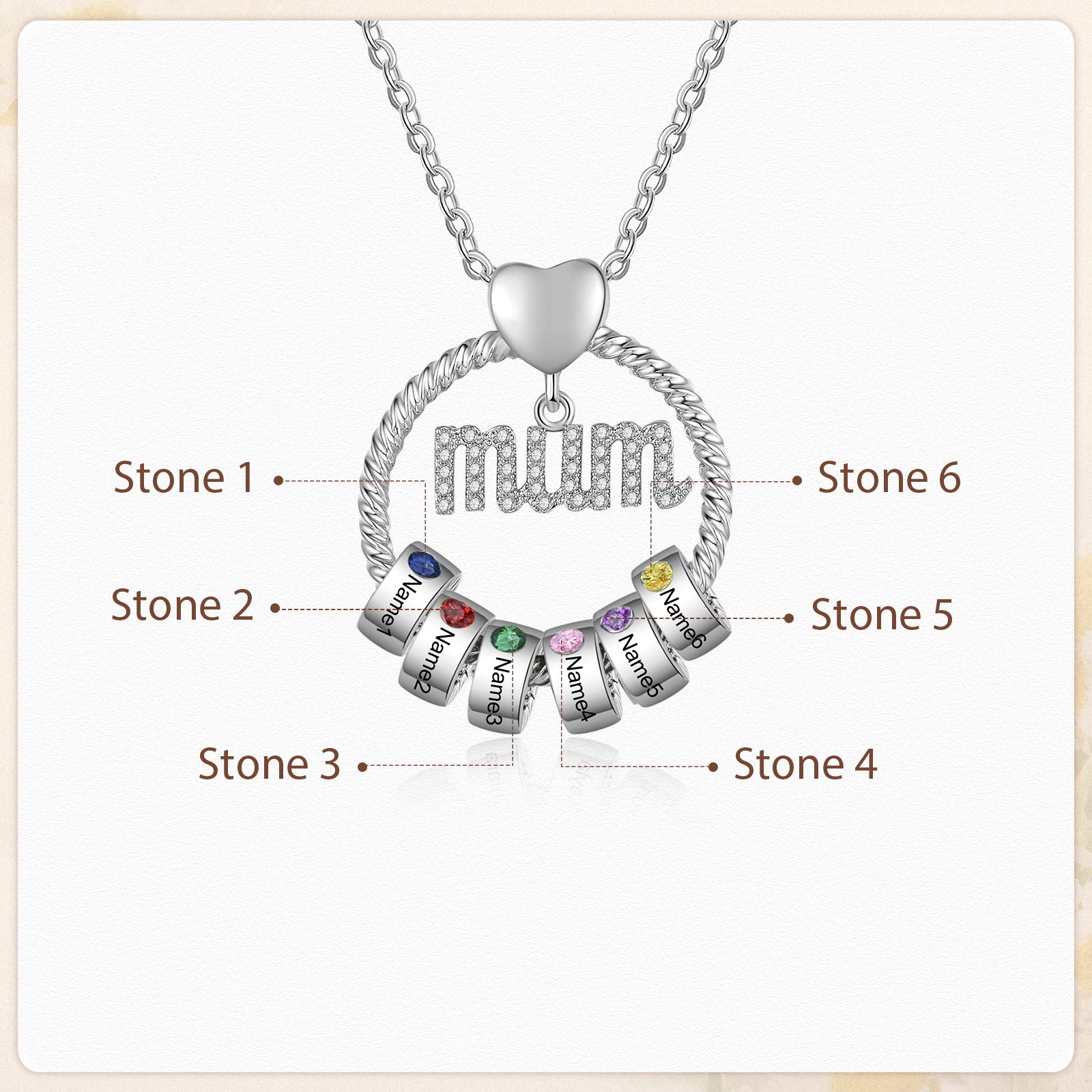 Personalized Circle Necklace With 6 Birthstones Pendant Engraved Names Gift For Mum