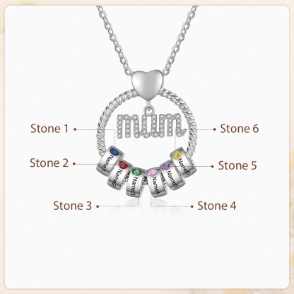 Personalized Circle Necklace With 6 Birthstones Pendant Engraved Names Gift For Mum