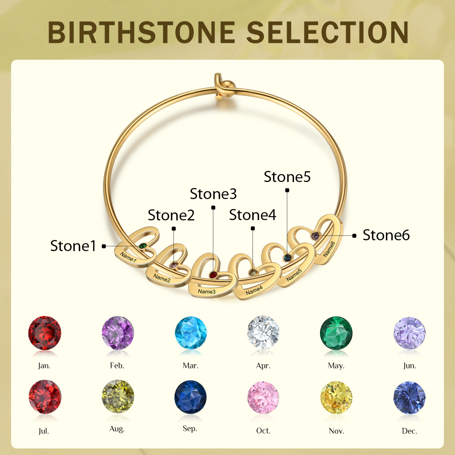 Personalized Heart Bangle With 6 Names and Birthstones Bangle Bracelet Mother's Day Gifts For women