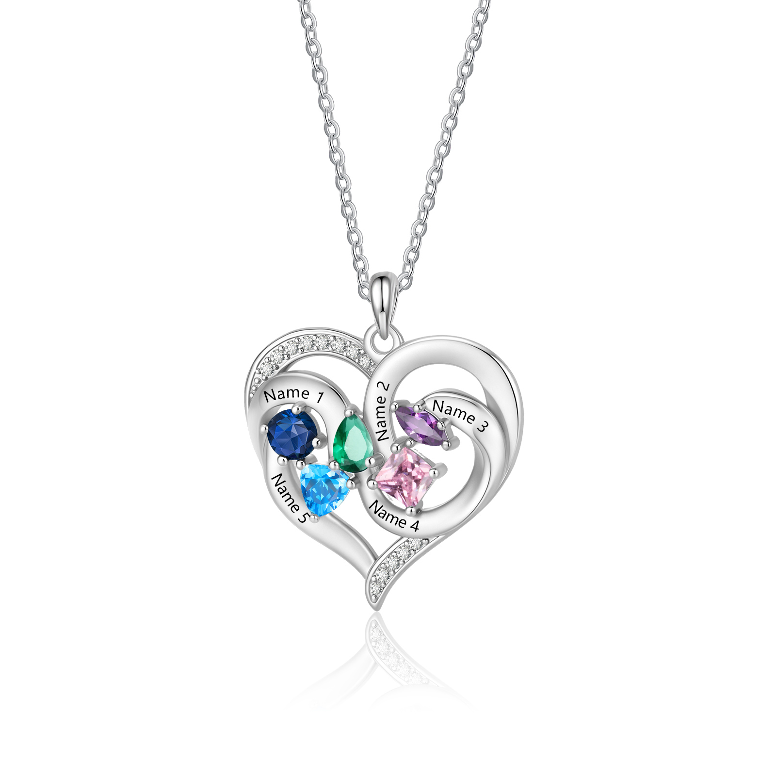 Personalized Double Heart Birthstone Necklace Customized with 1-5 Names