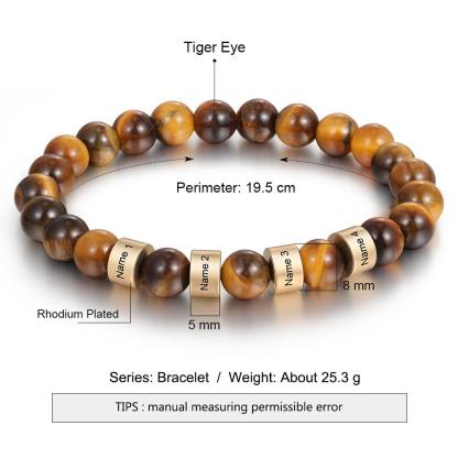 Personalized 4 names Brown Tiger Eye Men's Bracelet Gift For Him