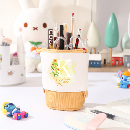 Personalized Pencil Case Custom Name & Letter & Birthday Flower Pen Pouch Back To School Gift for Kids