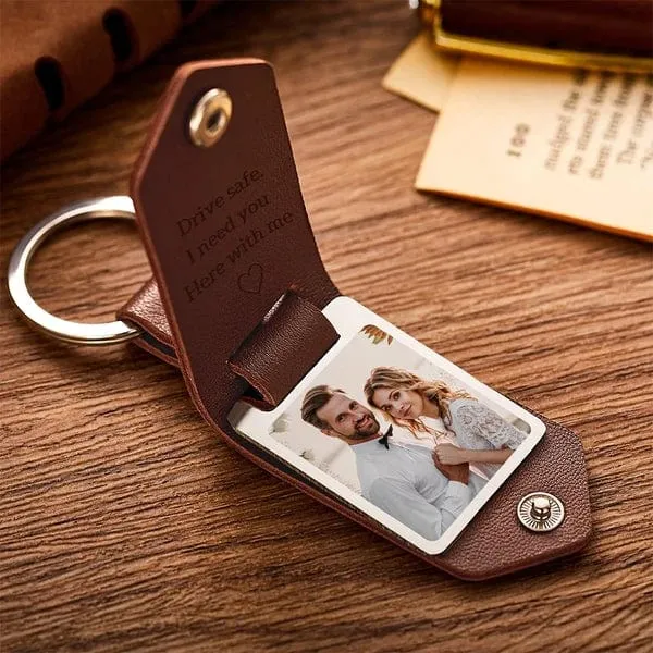 Personalised Photo Keyring Custom 2 Text and 1 Photo Leather Keyring Valentine's Day Gift for Him | Jessemade