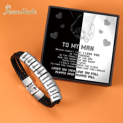 Personalized Braided Leather Bracelet Engraved 8 Names Men's Bracelet Gifts For Him