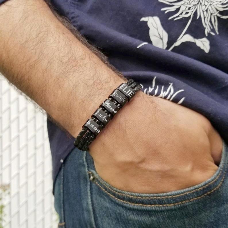 Personalized Braided Leather Bracelet Engraved 5 Names Men's Bracelet Gifts For Him